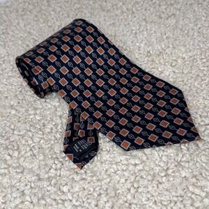 Mosaic %100 Silk Tie Navy Blue Orange Geometric Square Pattern Hand Made Korea